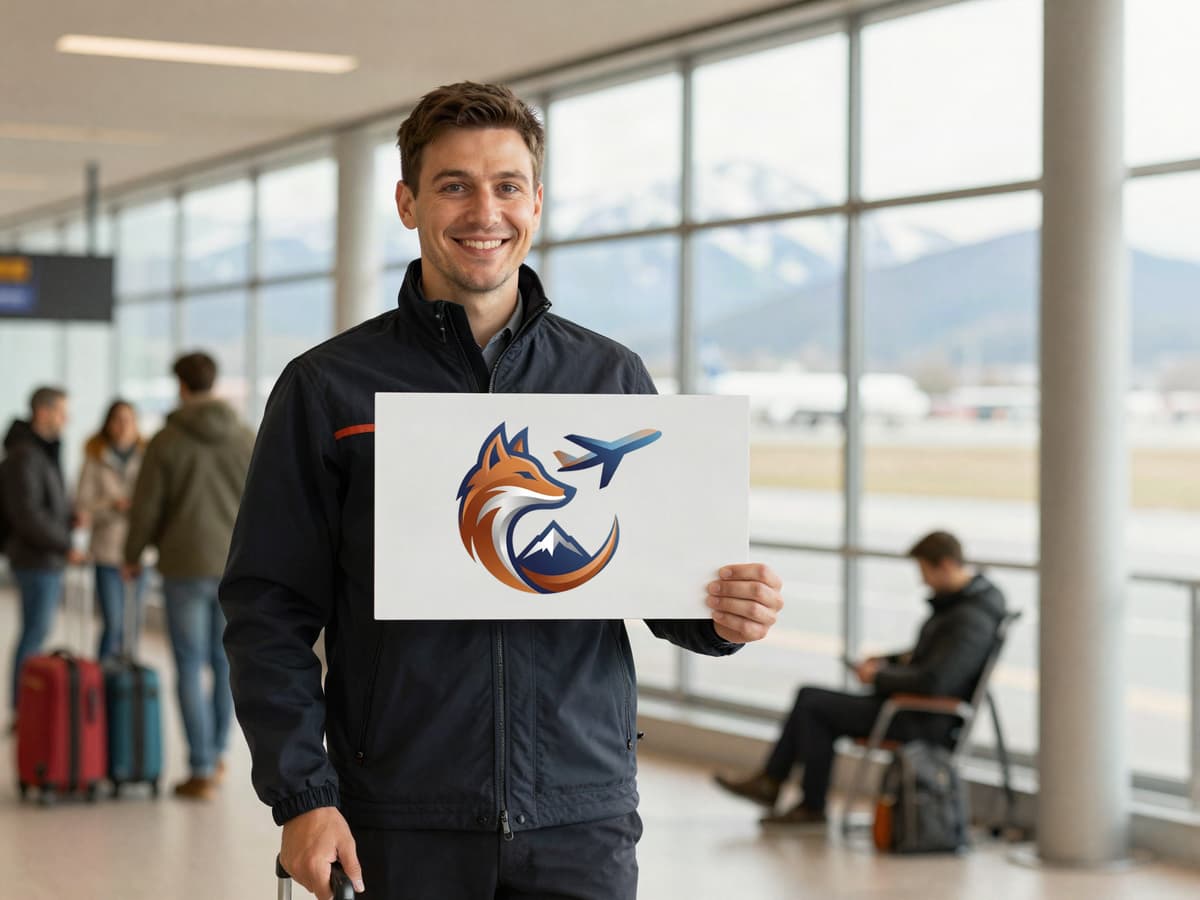 Fahrer von Taxi Fuchs mit dem Schild in der Ankunftshalle des Flughafens Innsbruck